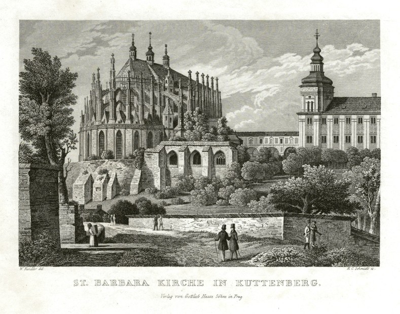 Kutná Hora, Chrám svaté Barbory - St. Barbara Kirche in Kuttenberg, ocelorytina, Haase, 1830