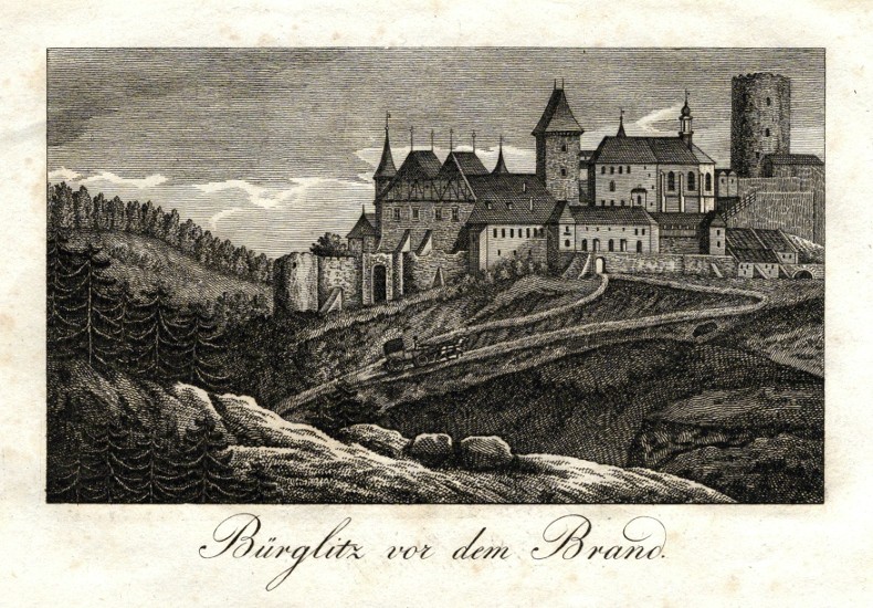 Křivoklát - Bürglitz vor dem Brand, mědirytina, 1830