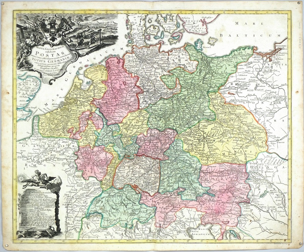 Poštovní mapa střední Evropy - Mappa Geographica ... Postas ... totius Germaniae, Lotter, 1760