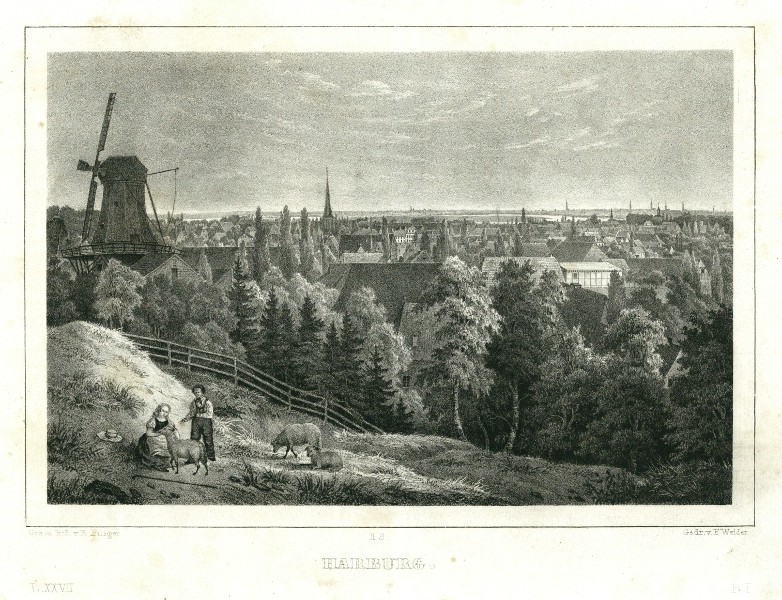 Hamburk - Harburg, litografie, Semmler, Bürger, 1845 - Staré mapy na prodej