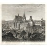 Slaný - Stará Pražská brána a hlavní chrám v Slaném, ocelorytina, Kober, 1865