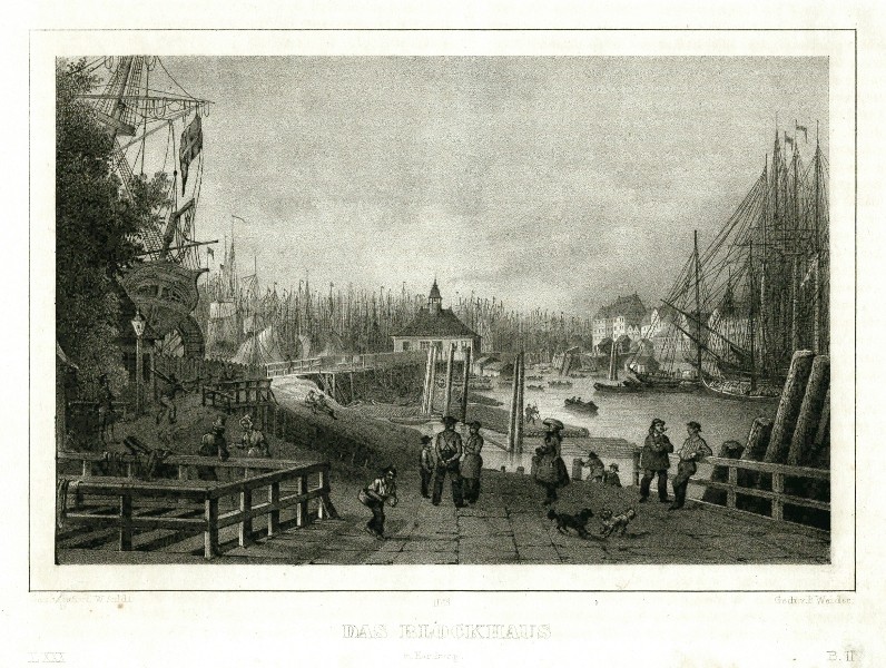 Hamburk, Niederhafen - Das Blockhaus in Hamburg, litografie, Arldt, Semmler, 1845 - Staré mapy na prodej
