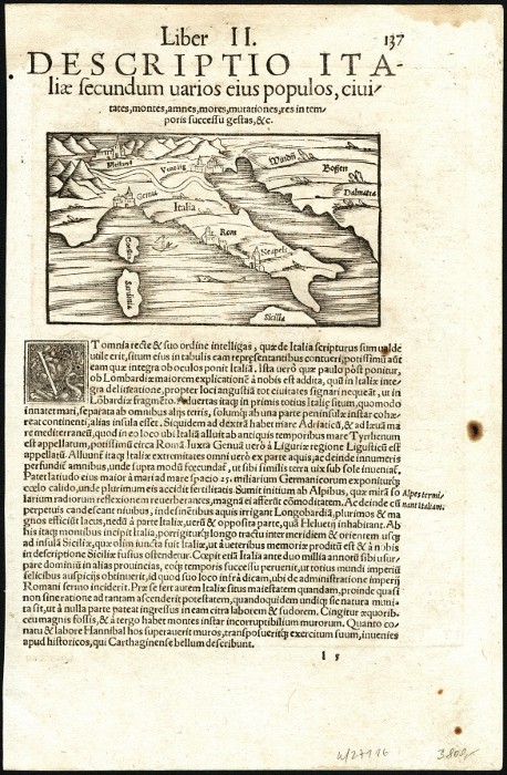 Itálie - Münster - Cosmographiae, Descriptio Italiae, dřevořez, 1550