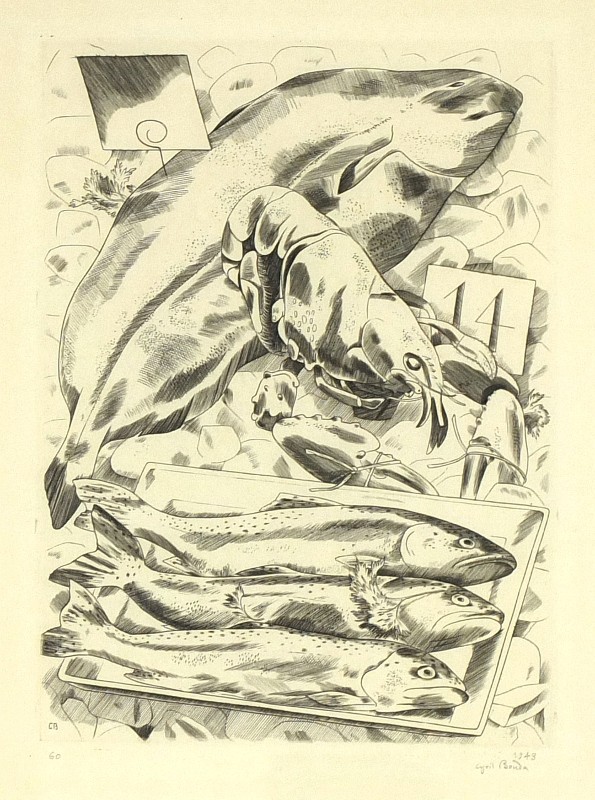 Cyril Bouda - Zátiší s humrem, mědiryt, 1935