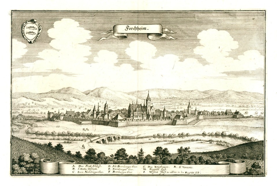 Forchheim, mědirytina, Merian, 1648 - Staré mapy na prodej