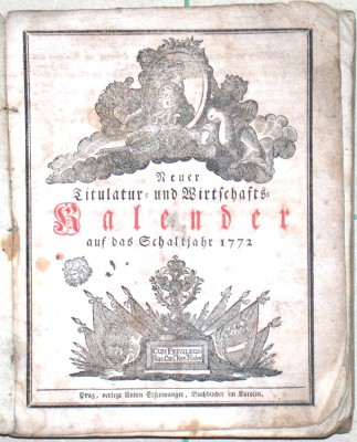 Neuer Titular- und Wirtschafts-Kalender auf das Schaltjahr 1772 - Old prints, rare books and bibliophile books for sale