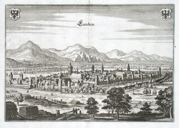 Landau, Landaw, copperplate engraving, Merian, 1643 - Old maps for sale