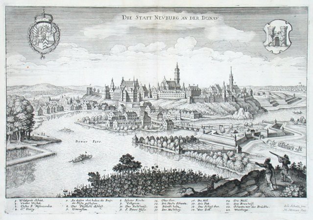Neuburg an der Donau, copperplate engraving, Merian, 1644 - Old maps for sale