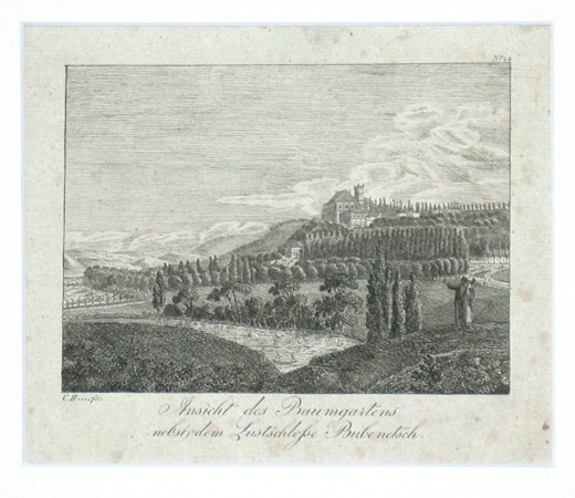 Praha - Bubeneč - Ansicht des Baumgartens nebst dem Lustschlosse Bubenetsch, mědirytina, Hyllos, 1820 - Staré mapy na prodej
