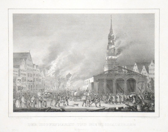 Der Hopfenmarkt und die Nicolaikirche in Flammen - Alte Landkarte