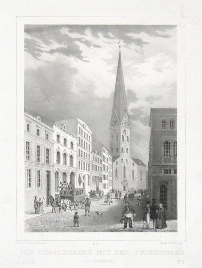 Die Bergstrasse mit der Petrikirche vor dem Brande