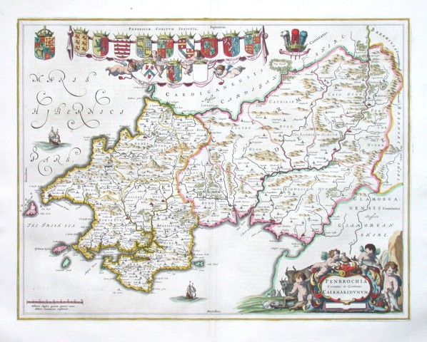 Wales - Pembrokeshire and Caermarthen - Penbrochia Comitatus et Comitatus Caermaridvnum, copperplate map, Blaeu, 1645 - Old maps for sale