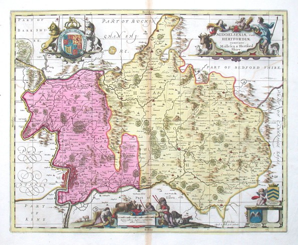 Middelsexiae cum Hertfodiae comitatu - Midlesex & Hertford Shire - Stará mapa