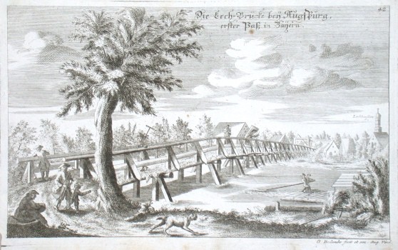Die Lech-Brücke bey Augspurg, erster Paß in Bayern - Alte Landkarte