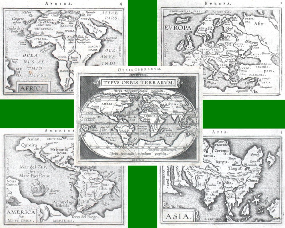 Svět a kontinenty - Typus Orbis Terrarum + Europa + Asia + Africa + Novus Orbis - Stará mapa