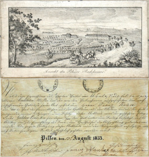 Ansicht des Pilsner Badehauses - Old maps for sale