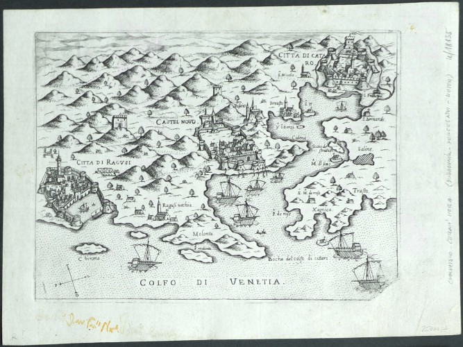 Dubrovnik, Herceg Novi and Kotor - Citta di Ragvsi, Castel Novo, Citta di Cataro, copperplate engraving, Camocio, 1571 - Old maps for sale