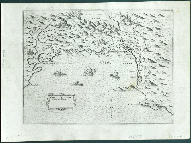 Černá Hora - Colfo de Lodrin con parte di Albania, mědirytina, mapa, Camocio, 1571 - Staré mapy na prodej