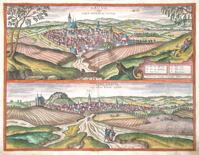 Louny - Slaný - Launa vulgo Laun - Schlanium vulgo Schlani Bohemiae oppidum, mědirytina, Braun, Hogenberg, 1617 - Old maps for sale