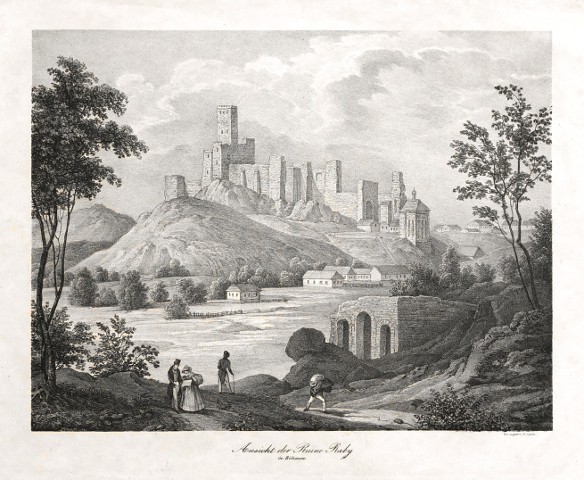 Rabí, litografie, Kunike, 1830, Ansicht der Ruine Raby - Staré mapy na prodej