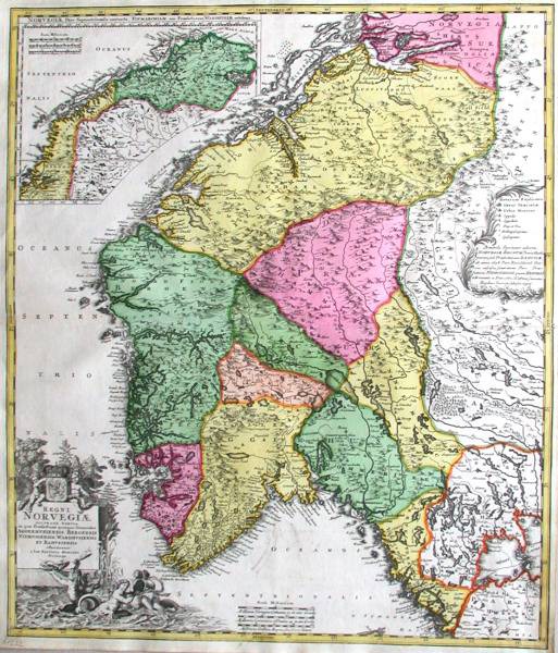 Norwegen - Regni Norvegiae Accurata Tabula, Kupferstich Karte, Homann, 1720 - Verkauf alter Karten